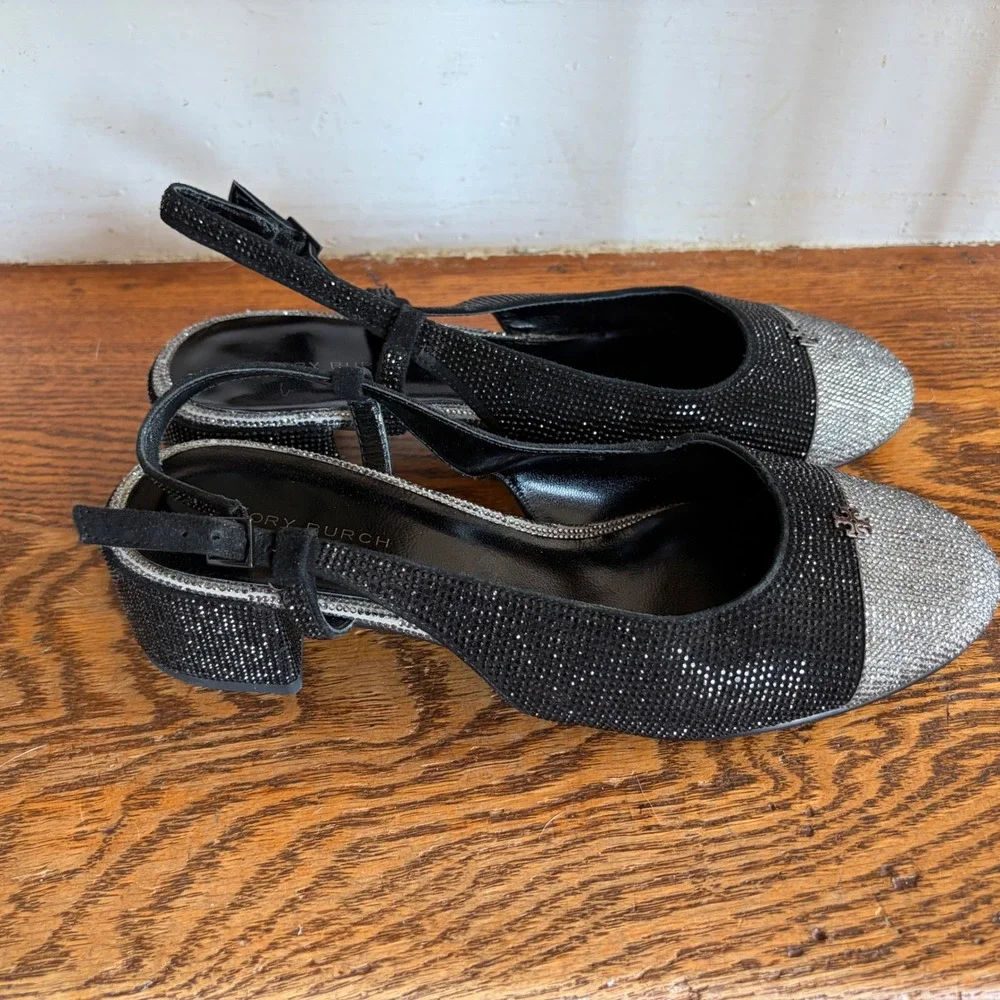 Tory Burch Black Silver Crystal Embellished Cap Toe Slingback Pumps Size 6 EUC‎